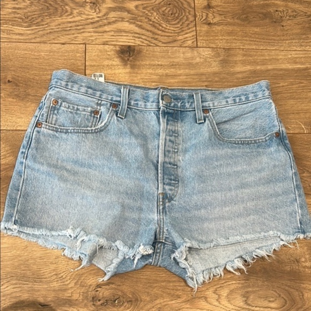 Levi's Blue High-Waisted Jean Shorts with Distressed Hem 501
